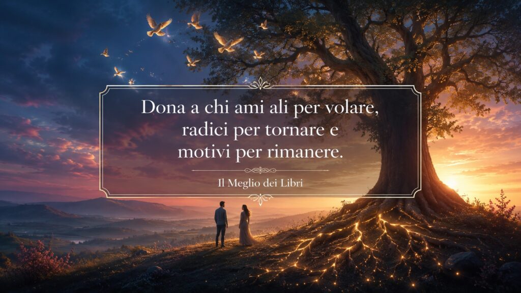 Ritratto simbolico con albero, ali e radici ispirato a una celebre riflessione sull'amore autentico.