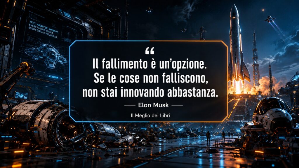 Ritratto simbolico ispirato a Elon Musk con prototipi sperimentali e frase sul fallimento e l'innovazione.
