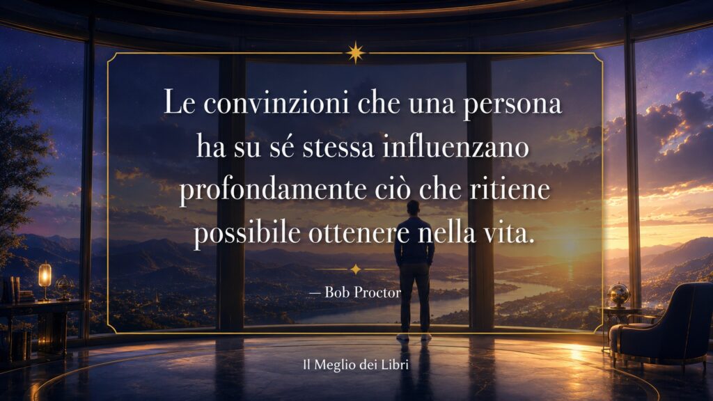 Ritratto simbolico ispirato a Bob Proctor con una finestra che si apre sull'orizzonte e frase sulle convinzioni personali.