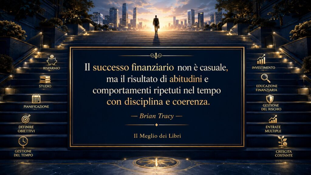 Ritratto simbolico ispirato a Brian Tracy con percorso di crescita e frase sulle abitudini che portano al successo finanziario.