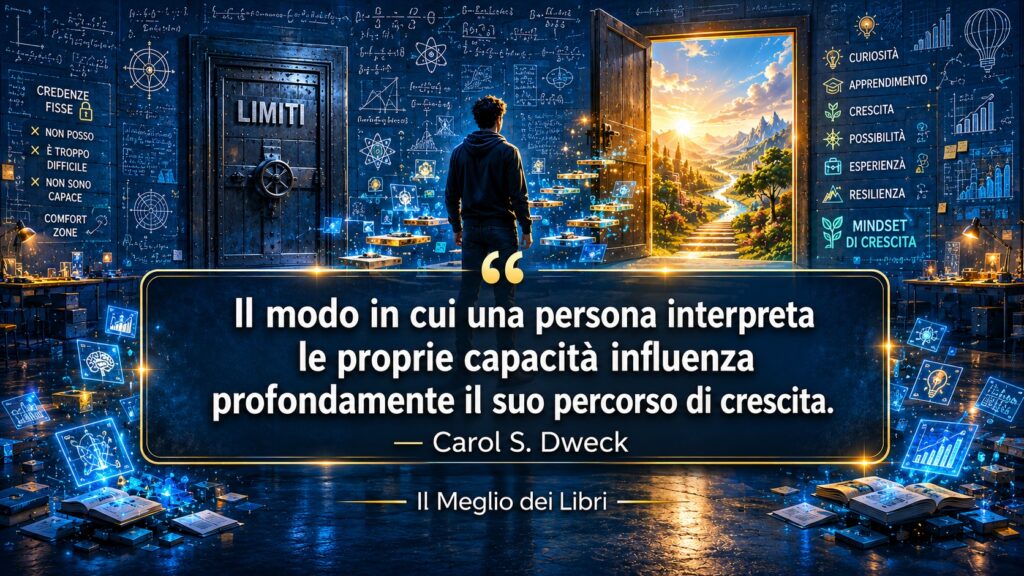 Ritratto simbolico ispirato a Carol S. Dweck con percorso di crescita e frase sulle capacità e il potenziale personale.