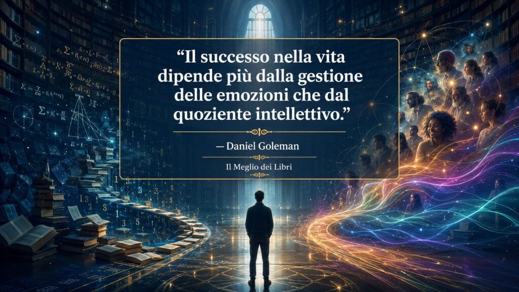 Ritratto simbolico ispirato a Daniel Goleman con percorso di equilibrio emotivo e frase sull'intelligenza emotiva.