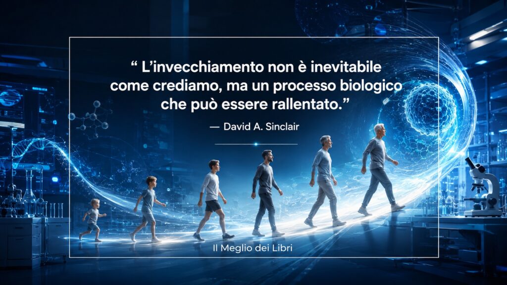 Ritratto simbolico ispirato a David A. Sinclair con elementi scientifici e frase sulla longevità e l'invecchiamento.