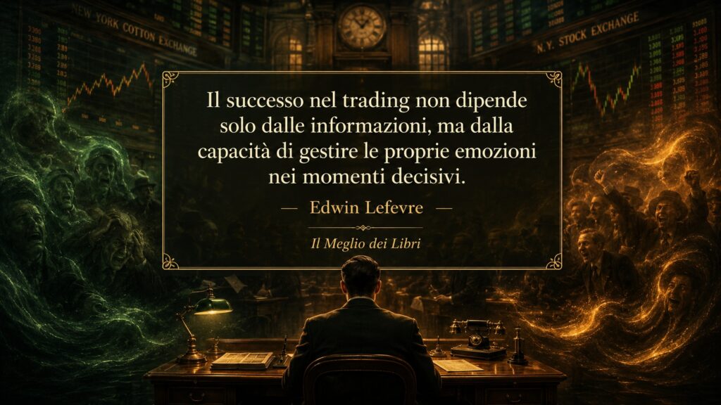 Ritratto simbolico ispirato a Edwin Lefevre con atmosfera finanziaria e frase sulla gestione delle emozioni nel trading.