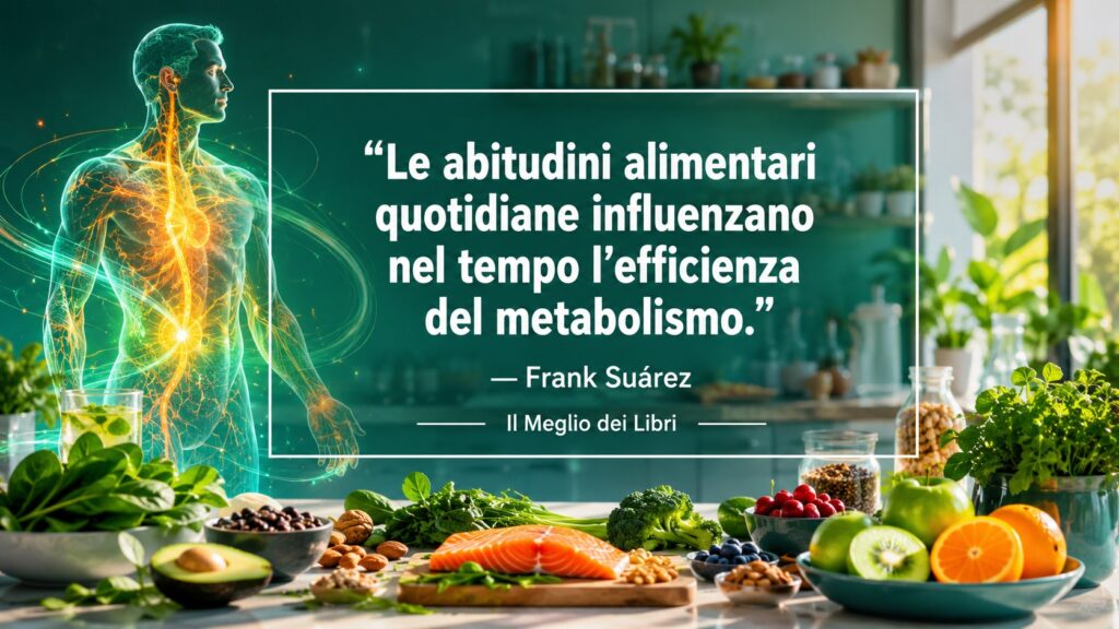 Ritratto simbolico ispirato a Frank Suárez con energia vitale e frase sul metabolismo e le abitudini alimentari.