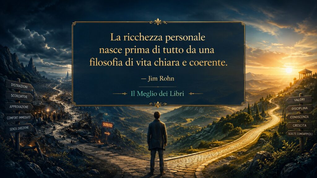 Ritratto simbolico ispirato a Jim Rohn con percorso di vita e frase sulla filosofia personale e la ricchezza.
