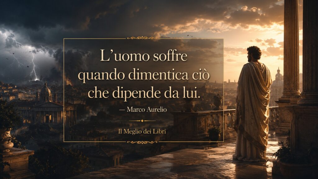 Ritratto simbolico ispirato a Marco Aurelio con atmosfera stoica e frase sul controllo personale e la serenità.