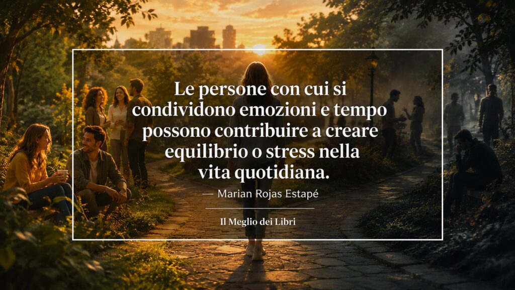 Ritratto simbolico ispirato a Marian Rojas Estapé con relazioni positive e frase sul benessere emotivo.