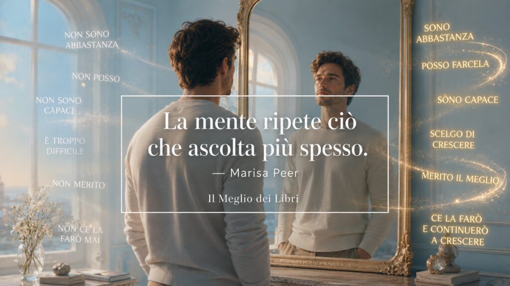 Ritratto simbolico ispirato a Marisa Peer con parole luminose e frase sul dialogo interiore e l'autostima.