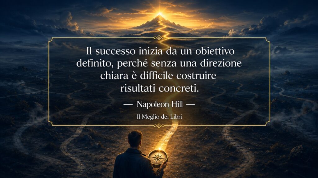 Ritratto simbolico ispirato a Napoleon Hill con bussola e frase sull'importanza di avere un obiettivo chiaro.