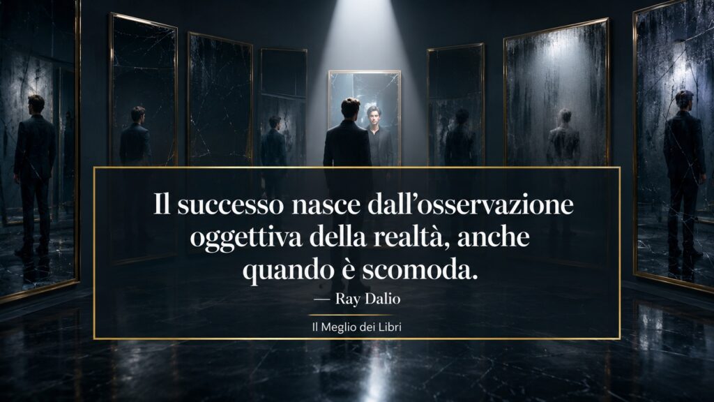 Ritratto simbolico ispirato a Ray Dalio con specchi e frase sull'importanza di osservare la realtà con obiettività.