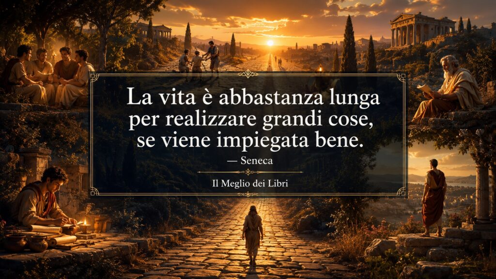 Ritratto simbolico ispirato a Seneca con percorso di vita e frase sul valore del tempo e delle scelte.