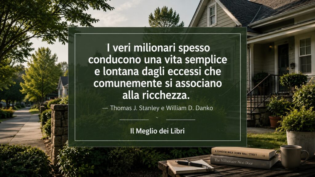 Ritratto simbolico ispirato a Thomas J. Stanley e William D. Danko con scena di vita semplice e frase sulla vera ricchezza.