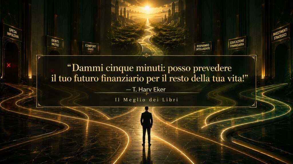 Ritratto simbolico ispirato a T. Harv Eker con percorsi finanziari e frase sul futuro economico.