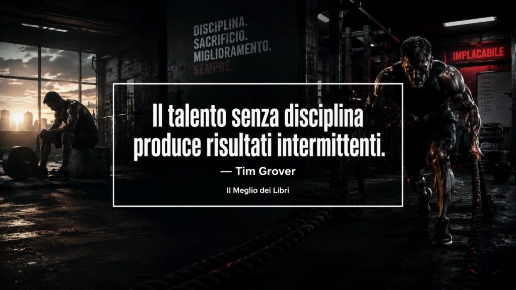 Ritratto simbolico ispirato a Tim Grover con scena di allenamento e frase sul rapporto tra talento e disciplina.