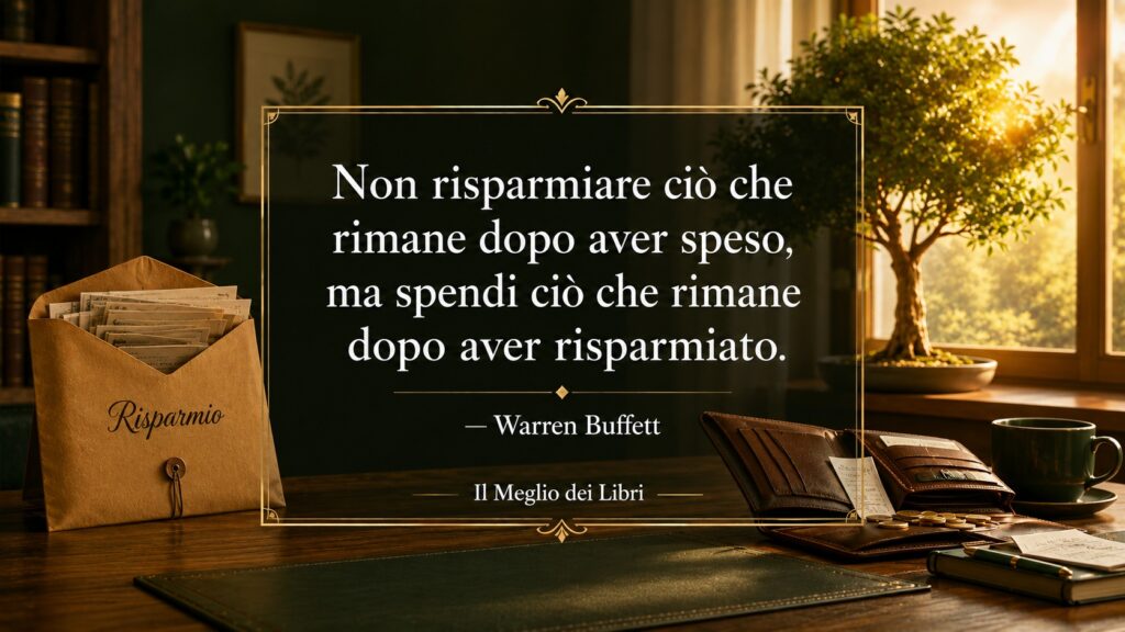 Rappresentazione simbolica ispirata a Warren Buffett con risparmio prioritario e frase sulla gestione del denaro.