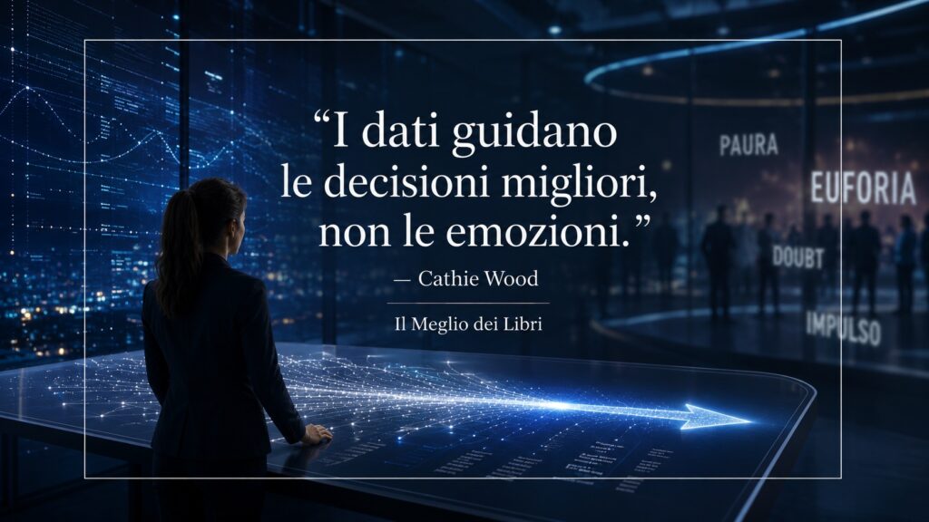 Ritratto simbolico di Cathie Wood con una persona che prende decisioni guidata dai dati anziché dalle emozioni.