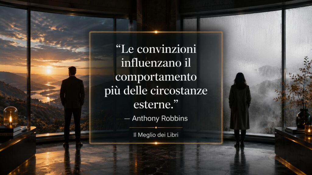 Rappresentazione simbolica ispirata ad Anthony Robbins con due persone che osservano la stessa realtà attraverso prospettive diverse.