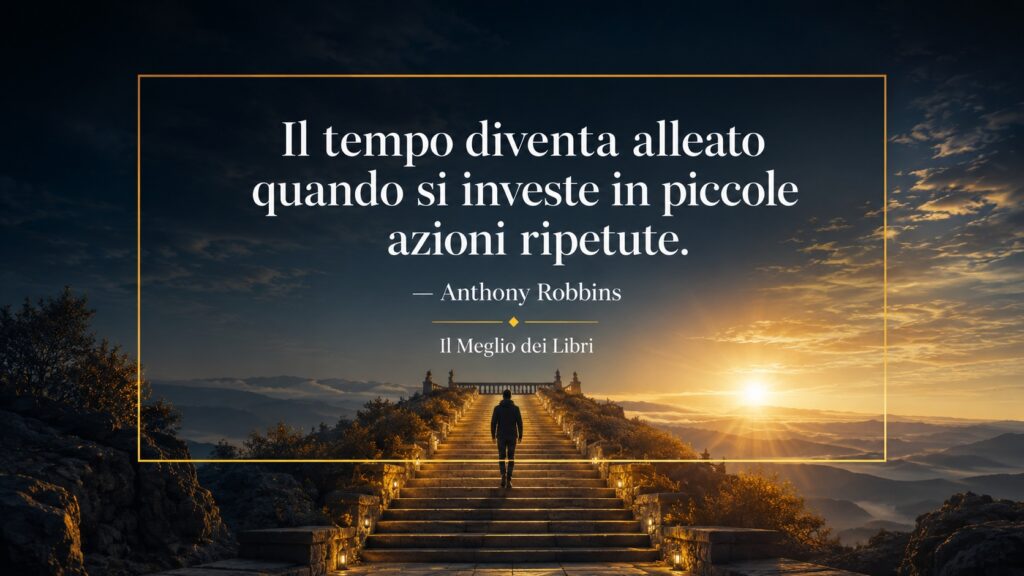Rappresentazione simbolica ispirata ad Anthony Robbins con una persona che sale gradualmente una lunga scalinata verso la vetta.