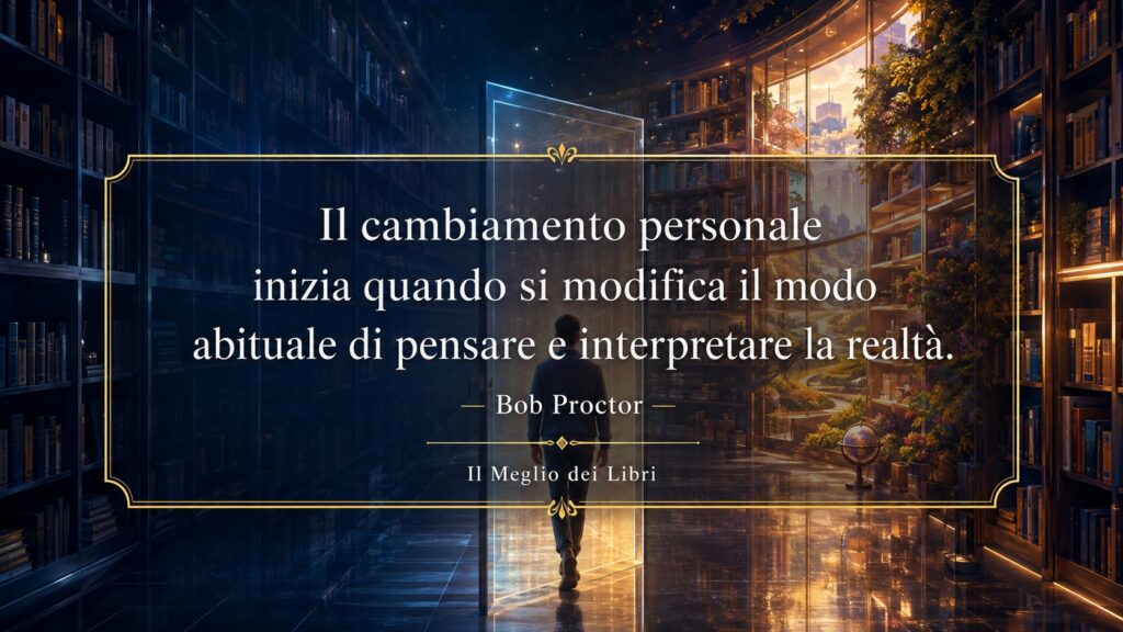 Rappresentazione simbolica ispirata a Bob Proctor con un cambiamento di prospettiva e frase sulla trasformazione personale.