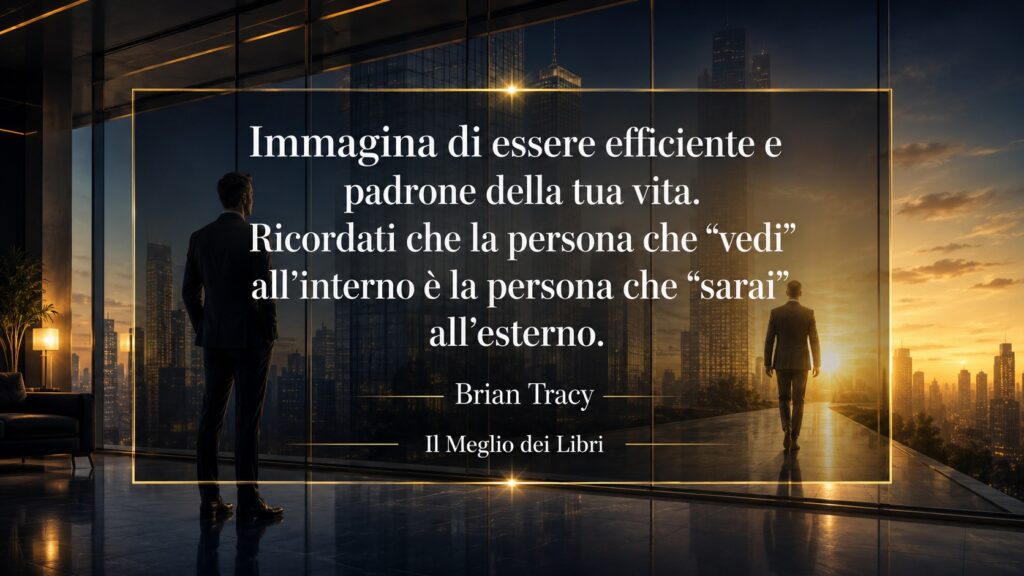 Rappresentazione simbolica ispirata a Brian Tracy con una persona che vede il proprio potenziale futuro.