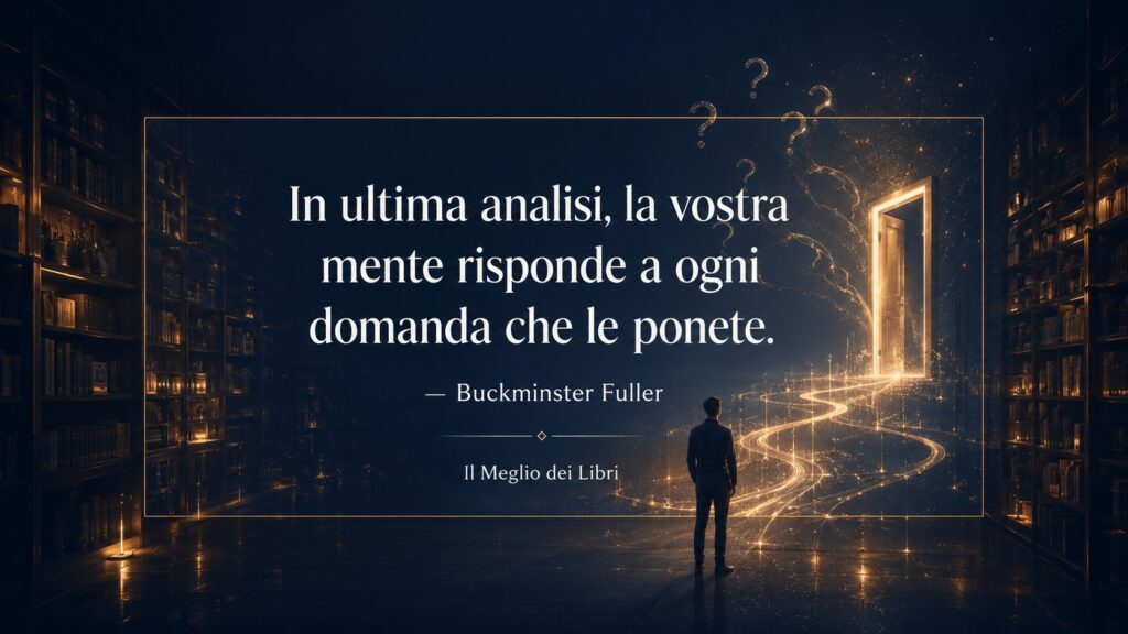 Rappresentazione simbolica ispirata a Buckminster Fuller con una porta luminosa che si apre grazie al potere delle domande.