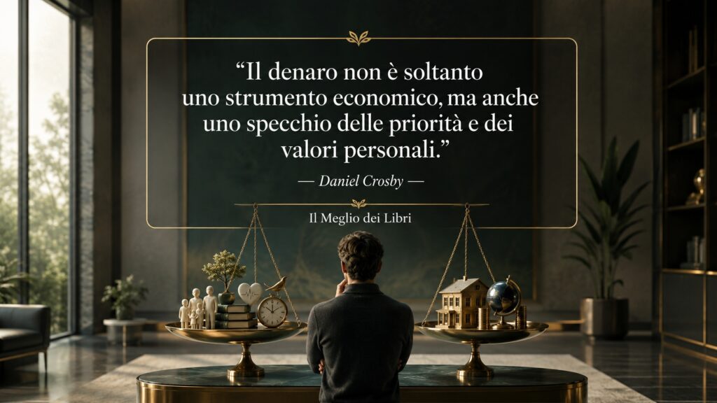 Ritratto simbolico del rapporto tra denaro e valori personali ispirato al pensiero di Daniel Crosby.