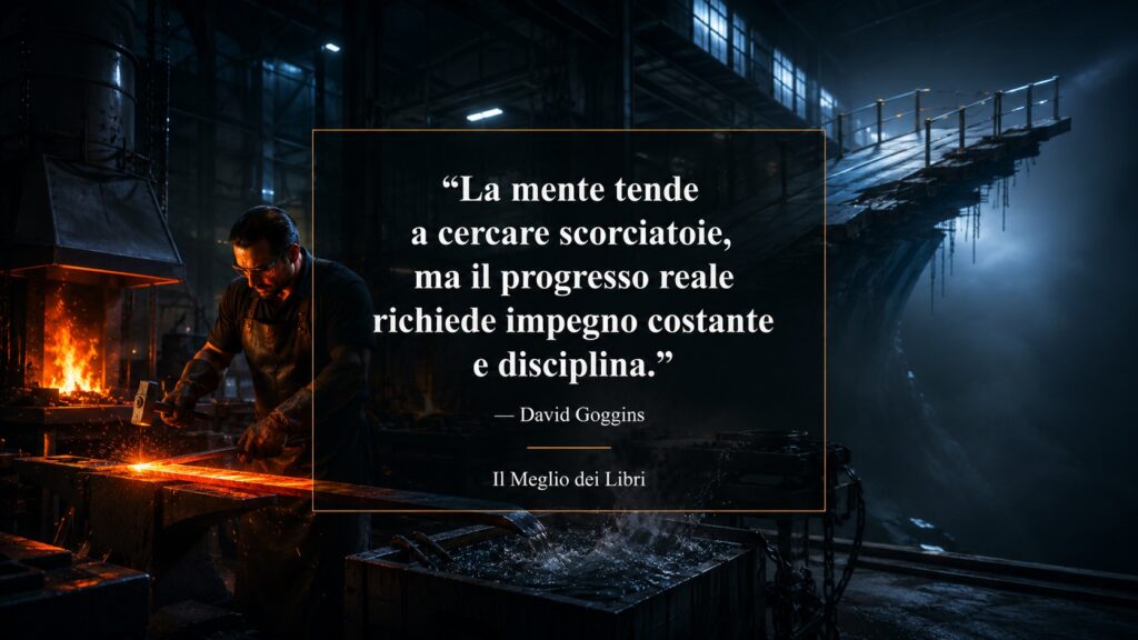 Ritratto simbolico della disciplina secondo David Goggins con una persona che forgia lentamente una barra d'acciaio.