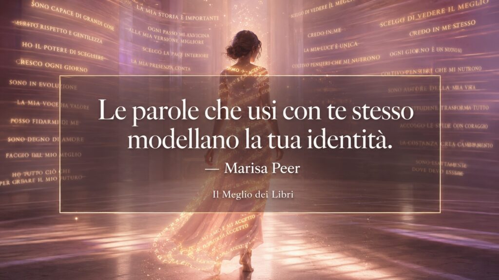 Rappresentazione simbolica ispirata a Marisa Peer con parole luminose che modellano l'identità personale.