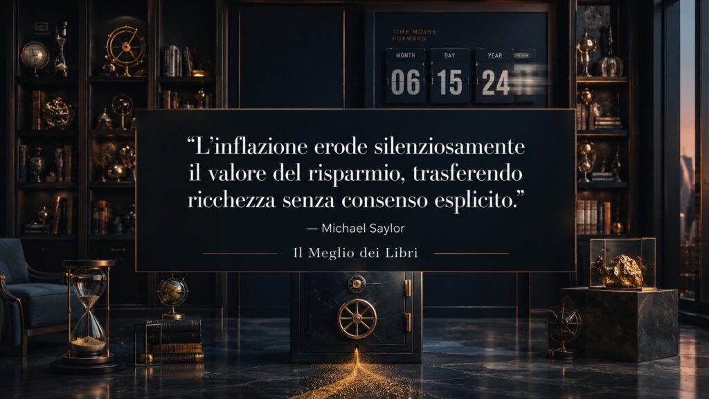 Rappresentazione simbolica ispirata a Michael Saylor con cassaforte e perdita graduale del valore del risparmio.