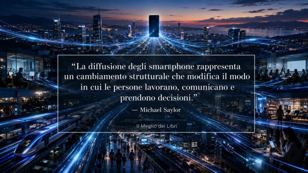 Rappresentazione simbolica ispirata a Michael Saylor con una città connessa dagli smartphone e dalle reti digitali.