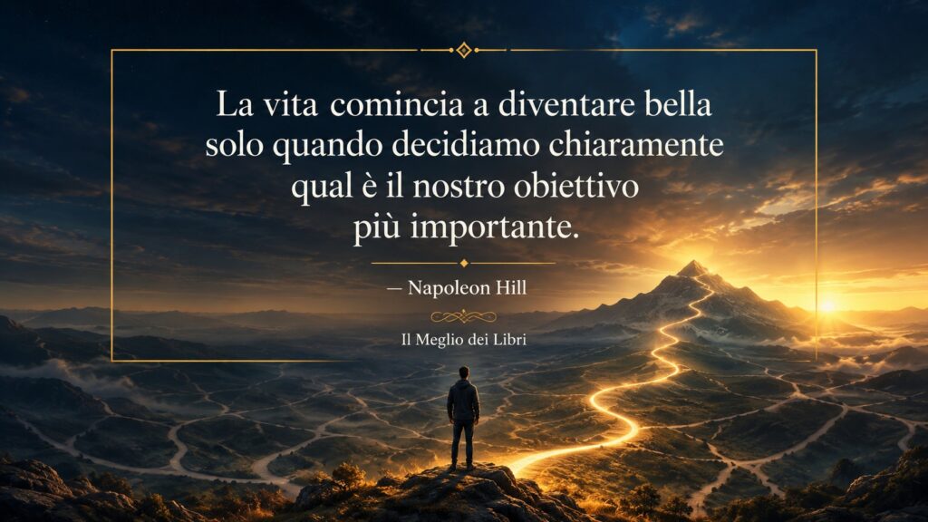 Rappresentazione simbolica ispirata a Napoleon Hill con un percorso illuminato verso un obiettivo di vita.