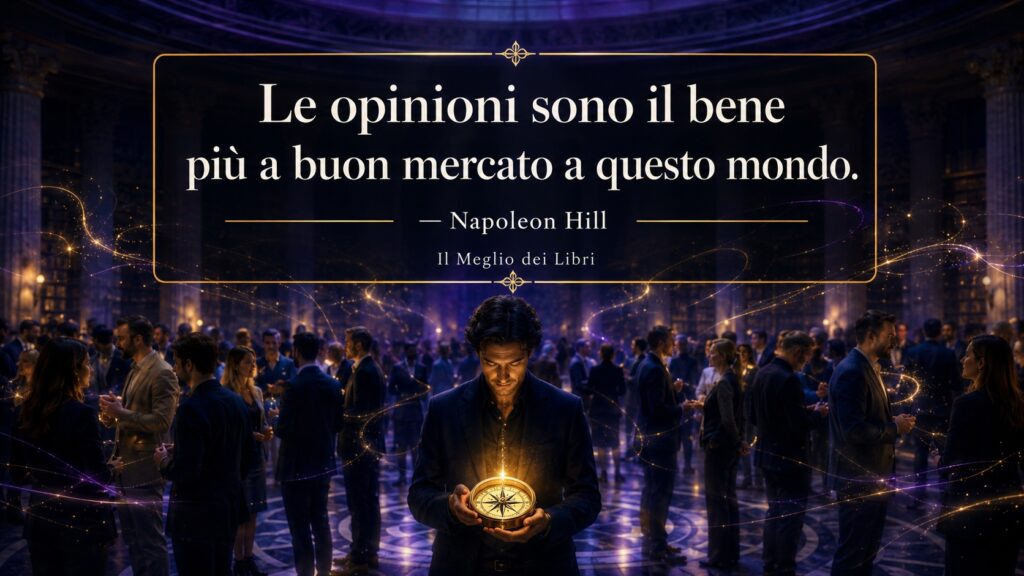 Rappresentazione simbolica ispirata a Napoleon Hill con una persona che segue il proprio giudizio tra molte opinioni.