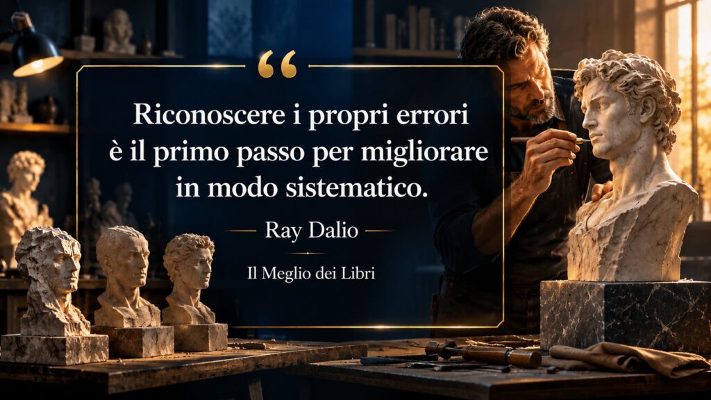 Rappresentazione simbolica ispirata a Ray Dalio con un'opera che viene perfezionata attraverso tentativi successivi.
