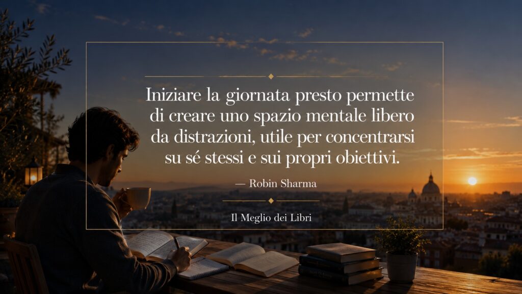 Rappresentazione simbolica ispirata a Robin Sharma con alba e momento di concentrazione personale.