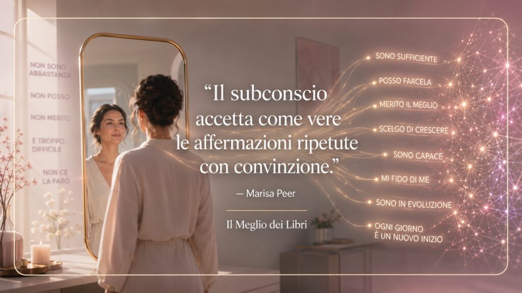 Ritratto simbolico del potere delle affermazioni positive sul subconscio ispirato a Marisa Peer.