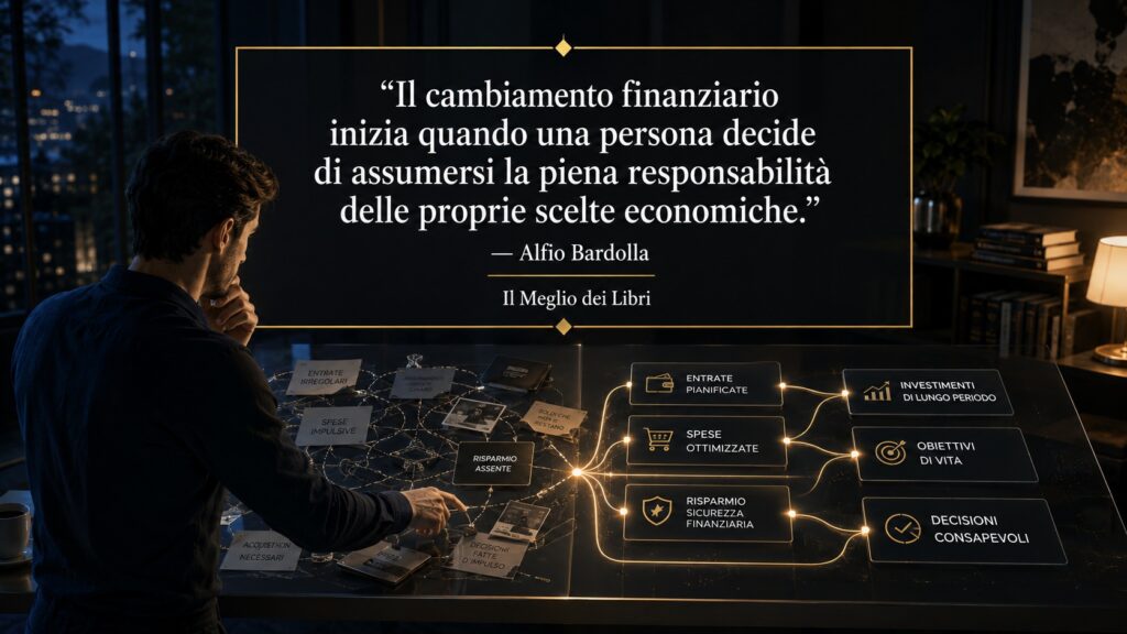 Ritratto simbolico ispirato ad Alfio Bardolla con una persona che assume il controllo delle proprie decisioni finanziarie.