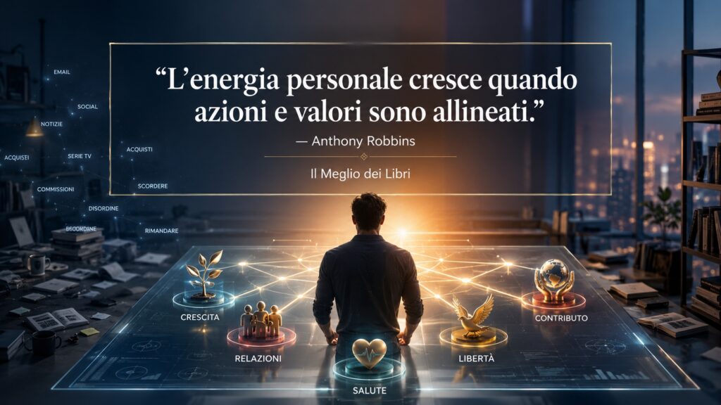 Ritratto simbolico ispirato ad Anthony Robbins con una persona che allinea le proprie azioni quotidiane ai valori personali.