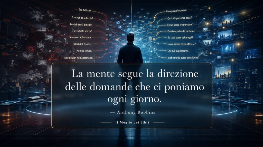 Ritratto simbolico ispirato ad Anthony Robbins con una persona che orienta la propria attenzione attraverso domande più consapevoli.