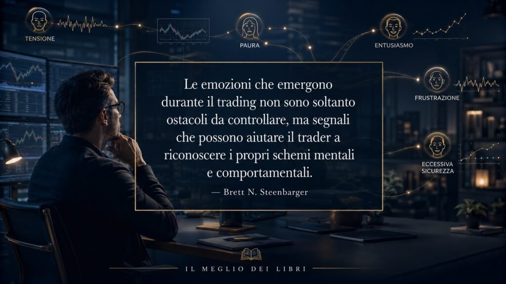 Ritratto simbolico ispirato a Brett N. Steenbarger e al ruolo delle emozioni nel riconoscere gli schemi mentali durante il trading.