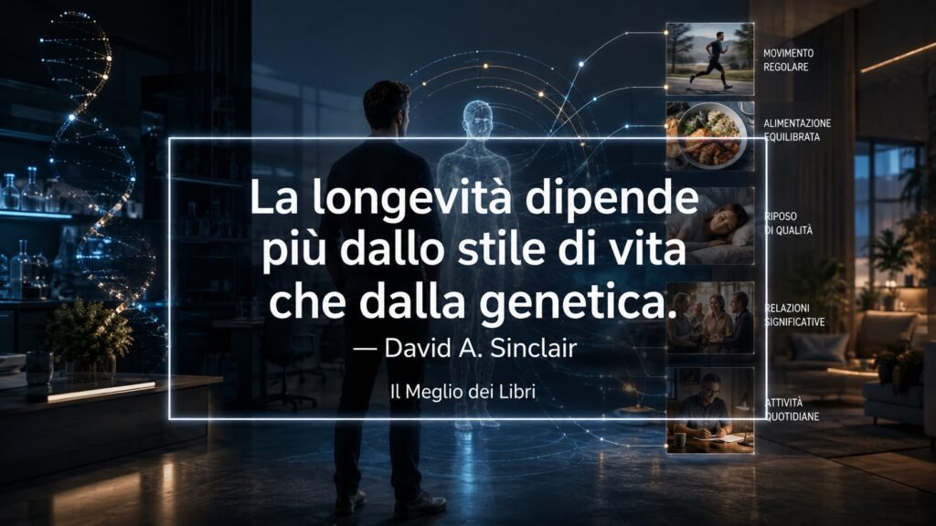 Ritratto simbolico ispirato a David A. Sinclair sul rapporto tra stile di vita, genetica e longevità.