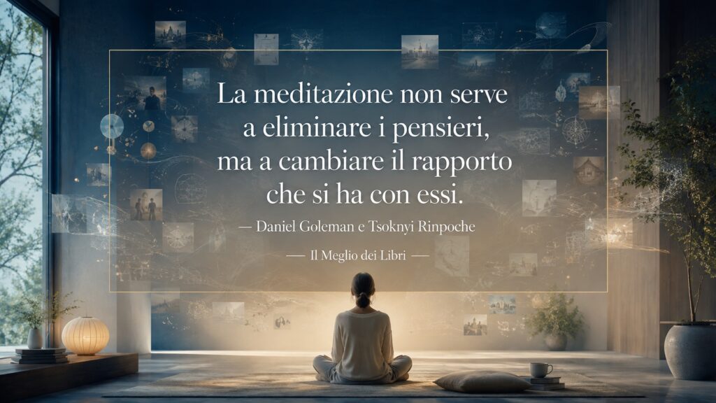 Ritratto simbolico della meditazione con una persona che osserva serenamente i propri pensieri senza cercare di eliminarli.