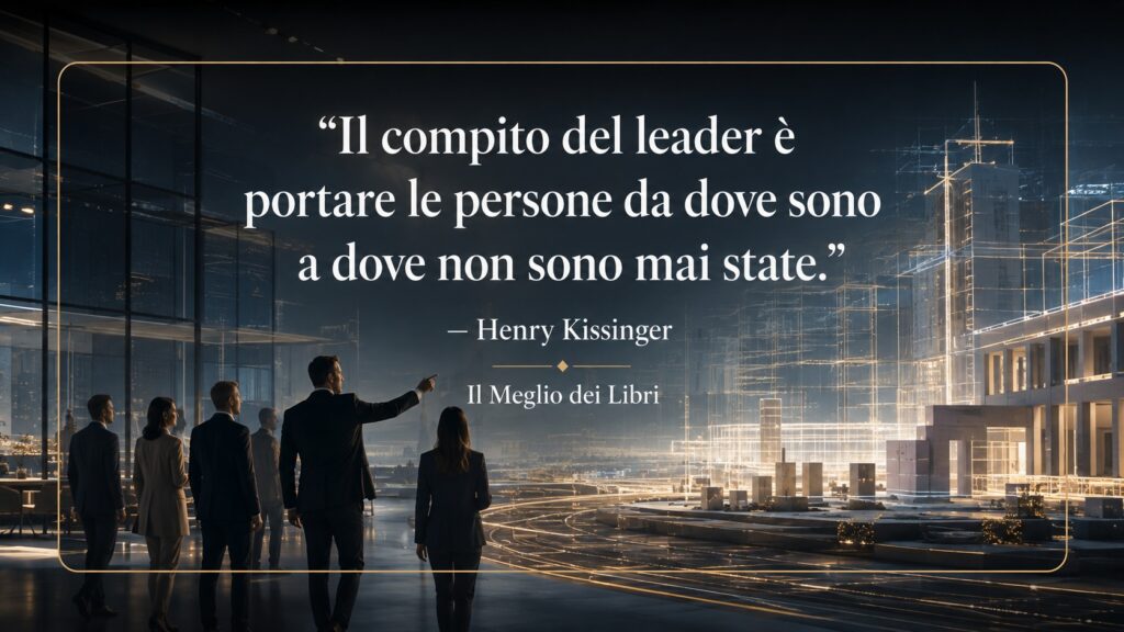 Ritratto simbolico della leadership con una figura che guida un gruppo verso possibilità ancora inesplorate, ispirato a Henry Kissinger.