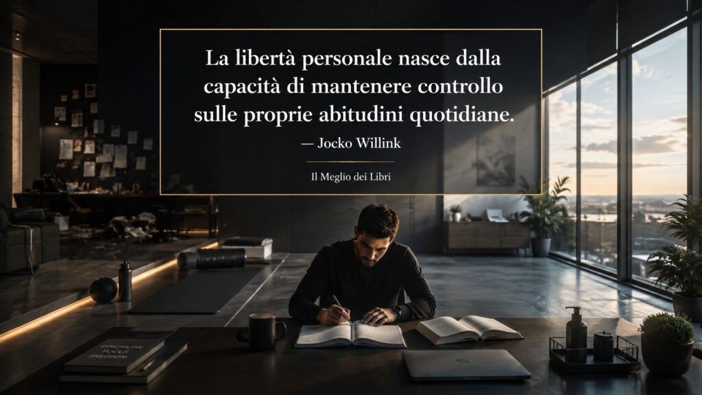 Ritratto simbolico ispirato a Jocko Willink con una persona che organizza con disciplina le proprie abitudini quotidiane.