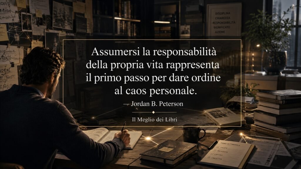 Ritratto simbolico ispirato a Jordan B. Peterson con una persona che mette ordine nella propria vita assumendosi le proprie responsabilità.