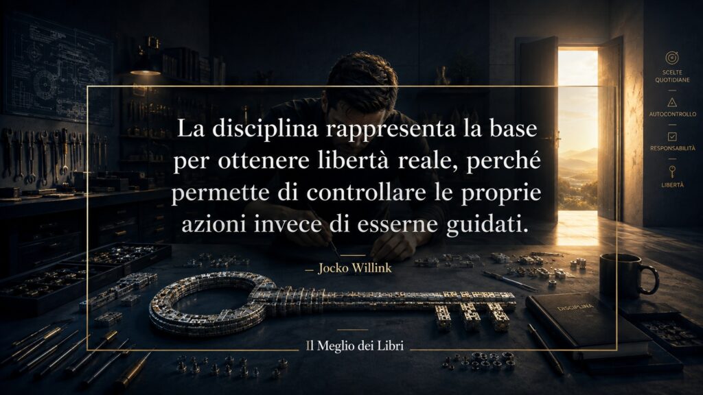 Ritratto simbolico ispirato a Jocko Willink con una persona che costruisce la chiave della propria libertà attraverso la disciplina.
