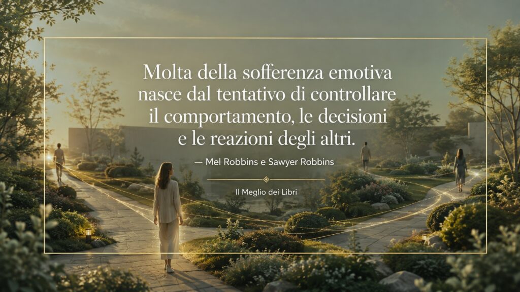 Ritratto simbolico ispirato a Mel Robbins e Sawyer Robbins con una persona che sceglie di seguire il proprio cammino senza cercare di controllare gli altri.