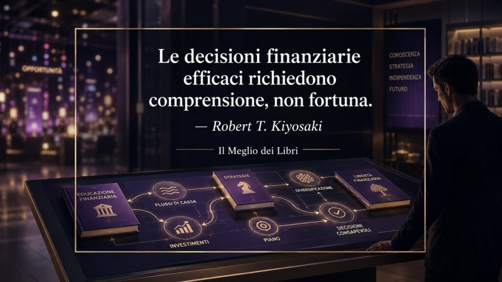 Ritratto simbolico ispirato a Robert T. Kiyosaki con una persona che prende decisioni finanziarie basate sulla conoscenza.