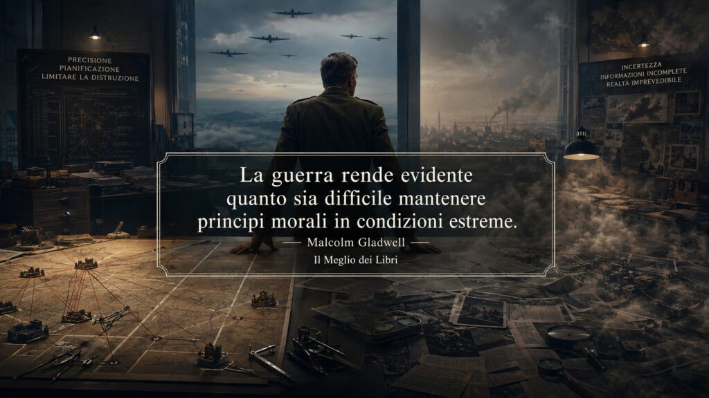 Ritratto simbolico del dilemma tra principi morali e necessità della guerra, ispirato a Bomber Mafia di Malcolm Gladwell.
