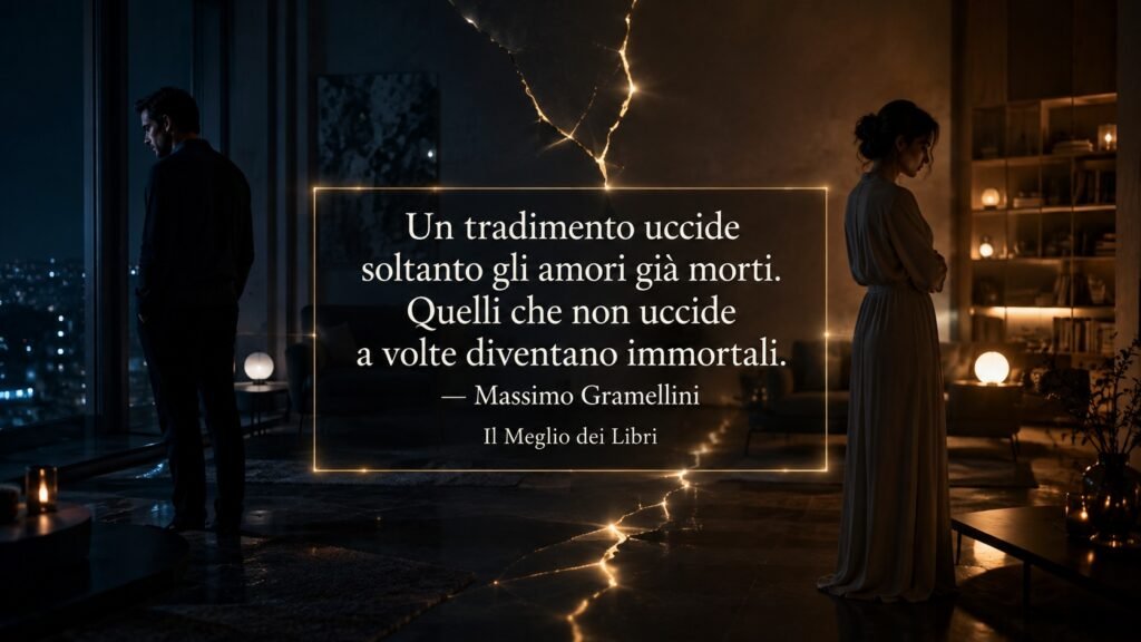 Ritratto simbolico di una coppia separata da una frattura emotiva, ispirato alla riflessione di Massimo Gramellini sul tradimento e sull’amore.